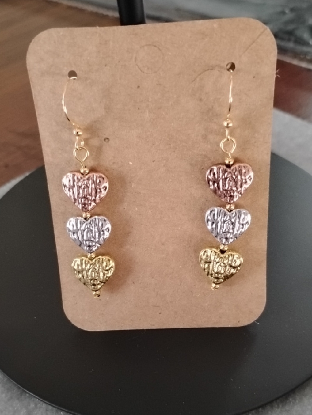 Hand Crafted Tri-Tone Heart Drop Earrings - Picture 5 of 5